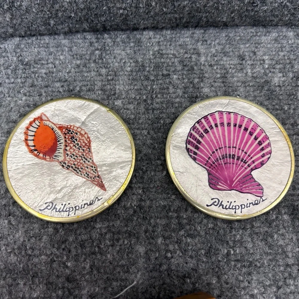 Vintage Capiz Shell Coasters Set of 6 Hand Painted Seashells Philippines